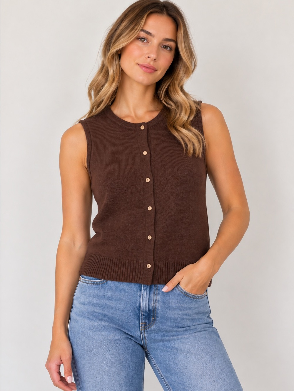 The Workshop brand Brown Sleeveless Button-Front Knit Tank brand new